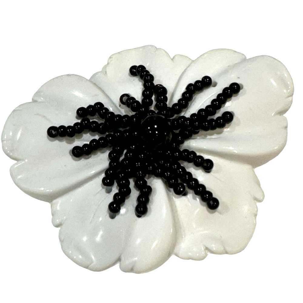 Large Vintage Black and White Resin and Bead Floral Brooch. EUC